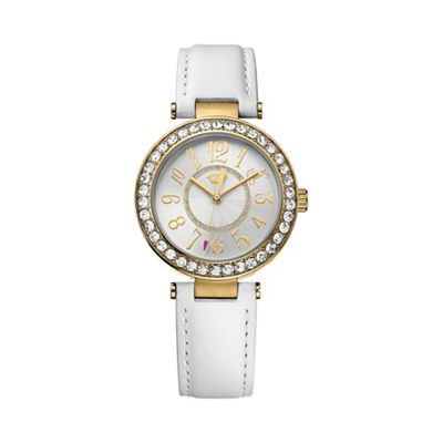 Ladies gold Cali white leather strap crystal set watch 1901396